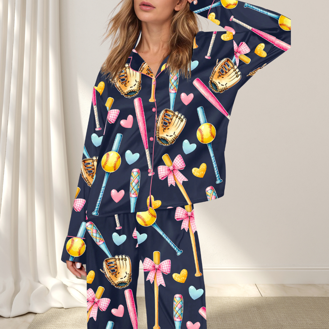 Coquette Softball Pajamas Satin Set for Women